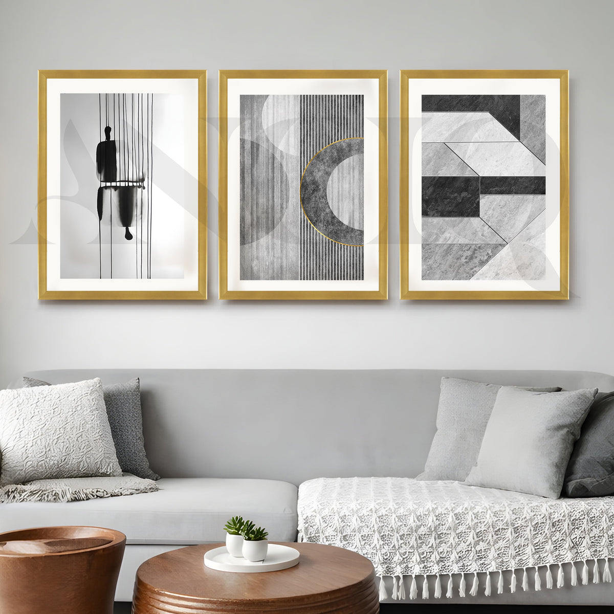 Monochrome Modern Geometry Gallery Wall – Set of 3 Minimal Abstract Artworks - 18 x 24 Inches – Asha Art Studio – Image 4