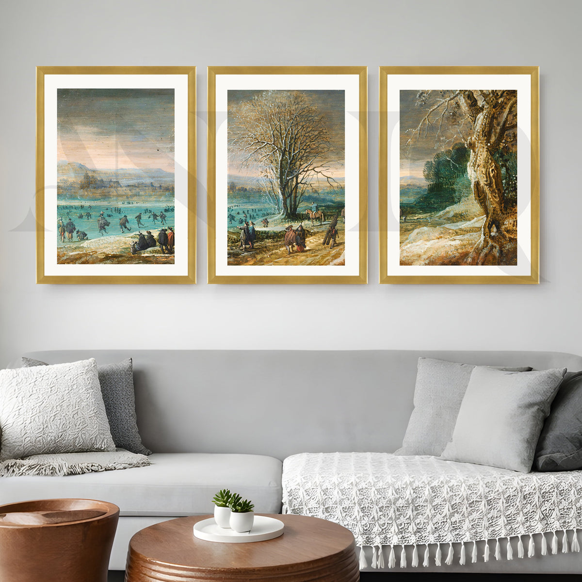 Winter Lakeside Life Gallery Wall – Set of 3 Classical European Landscape Artworks - 18 x 24 Inches – Asha Art Studio – Image…