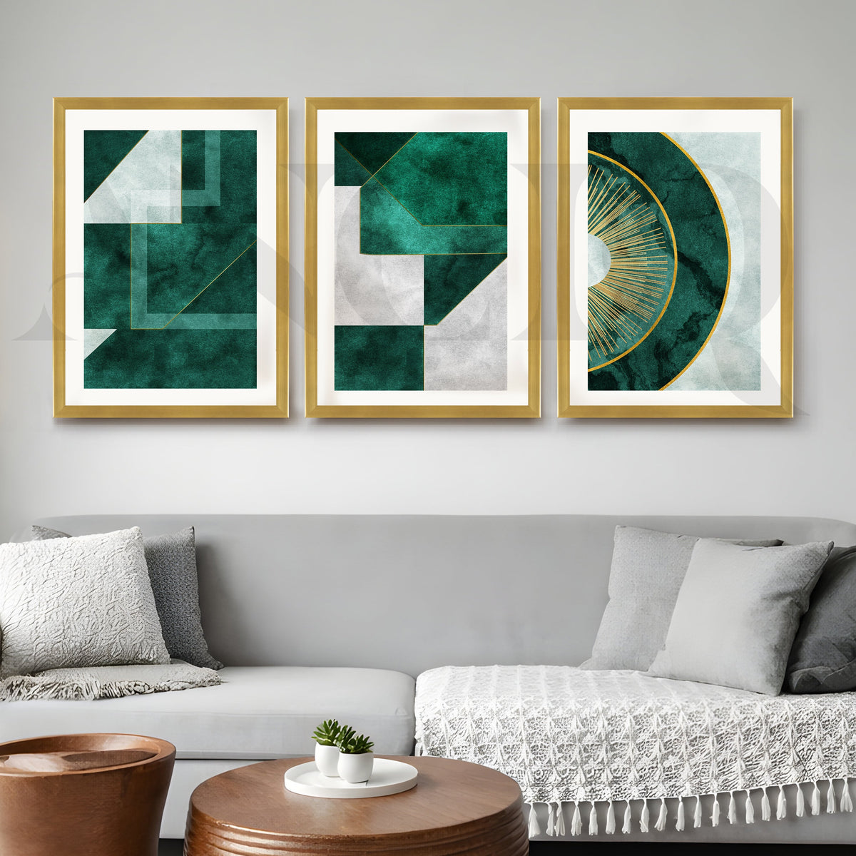 Emerald Luxe Geometry Gallery Wall – Set of 3 Modern Abstract Artworks - 18 x 24 Inches – Asha Art Studio – Image 4