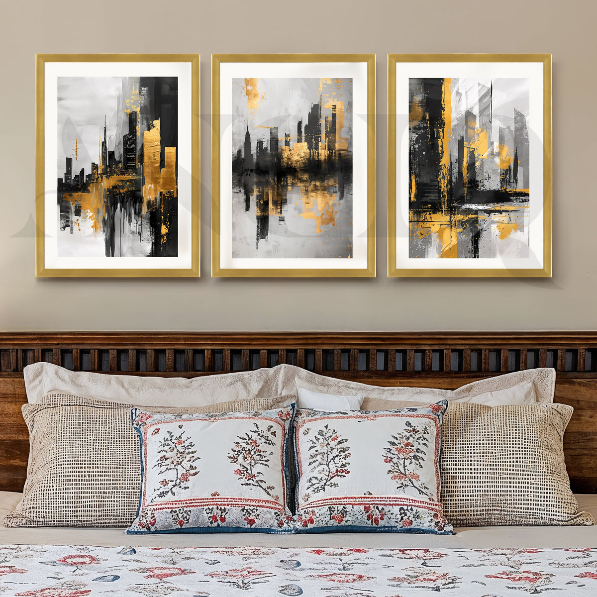 Golden Urban Skyline Gallery Wall – Set of 3 Modern Cityscape Artworks - 18 x 24 Inches – Asha Art Studio – Image 4