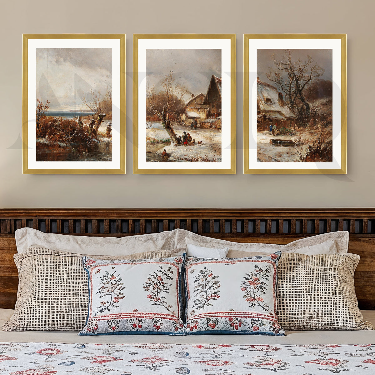 Winter Village Countryside Gallery Wall – Set of 3 Vintage Landscape Artworks - 18 x 24 Inches – Asha Art Studio – Image 4