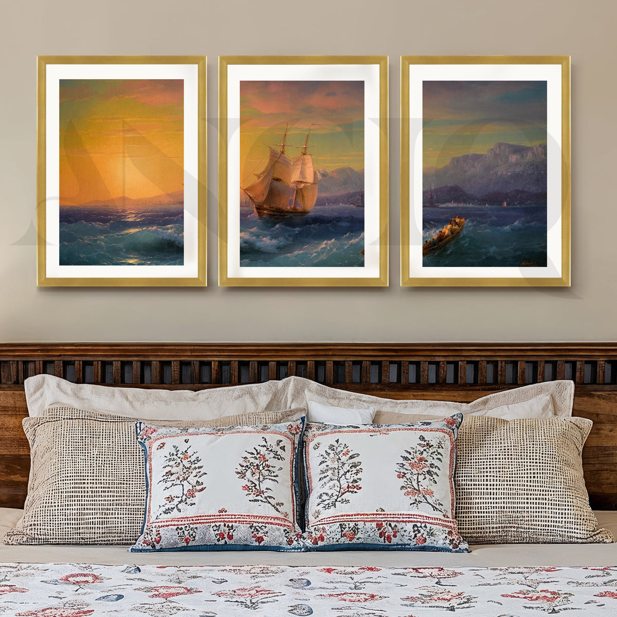Golden Horizon Sailing Gallery Wall – Set of 3 Vintage Seascape Artworks - 18 x 24 Inches – Asha Art Studio – Image 4