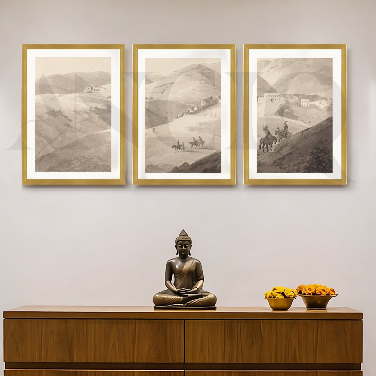 Timeless Countryside Sketch Gallery Wall – Set of 3 Monochrome Landscape Artworks - 18 x 24 Inches – Asha Art Studio – Image…