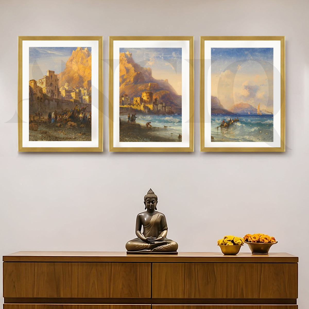Coastal Mountain Harbour Gallery Wall – Set of 3 Mediterranean Landscape Artworks - 18 x 24 Inches – Asha Art Studio – Image…