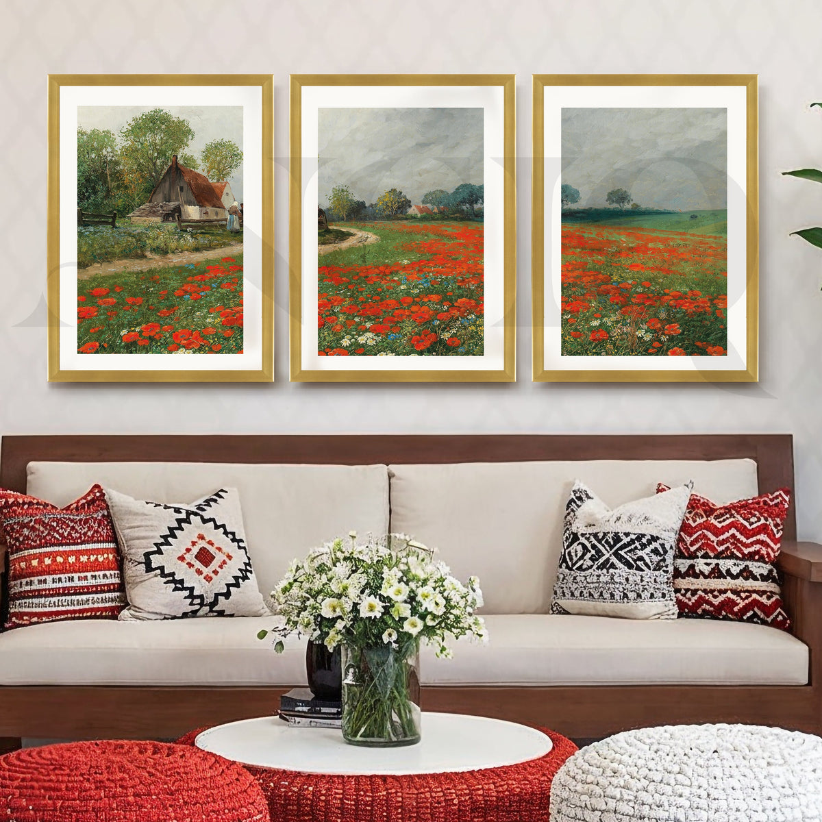 Rustic Poppy Field Landscape Gallery Wall – Set of 3 Impressionist Artworks - 18 x 24 Inches – Asha Art Studio – Image 4