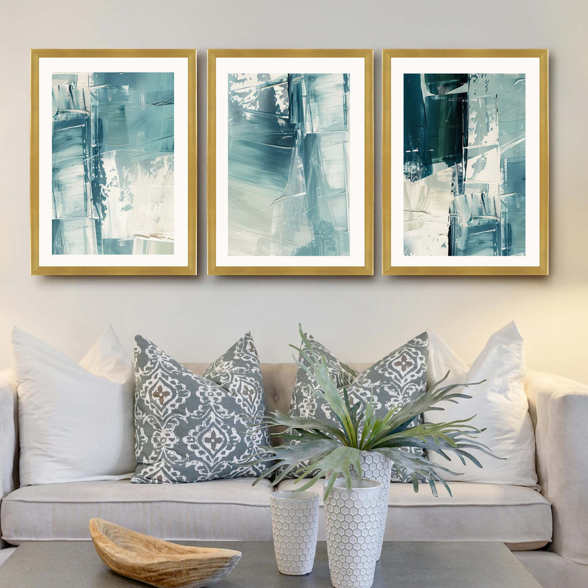 Teal Brush Abstract Gallery Wall Canvas Artwork Set of 3 - 18 x 24 Inches – Asha Art Studio – Image 8
