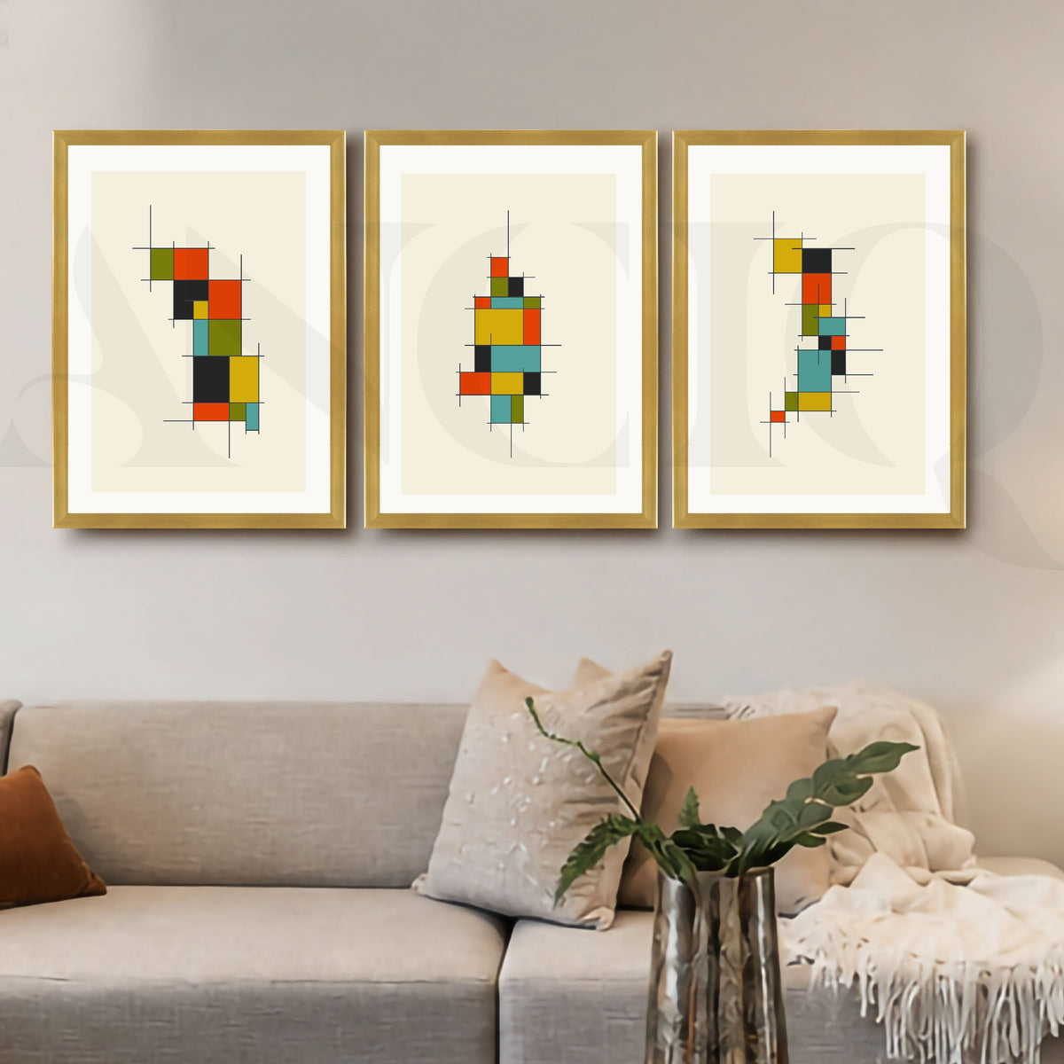 Modular Grid Abstract Gallery Wall Artwork Set of 3 – Asha Art Studio – Image 4