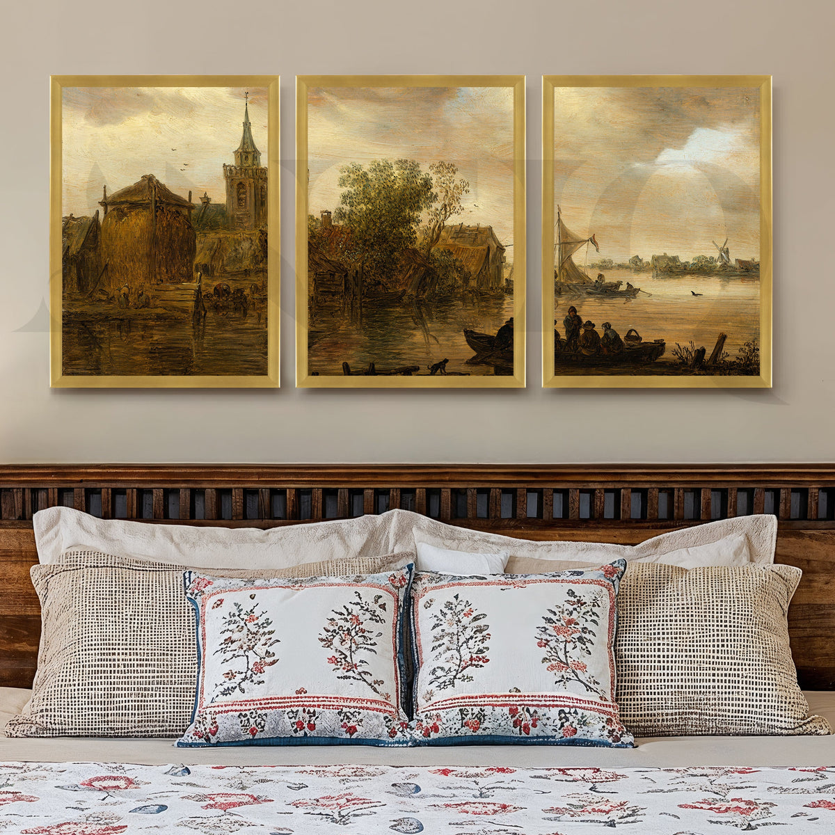 Vintage Riverside Village Gallery Wall – Set of 3 Classic Landscape Artworks - 18 x 24 Inches – Asha Art Studio – Image 8