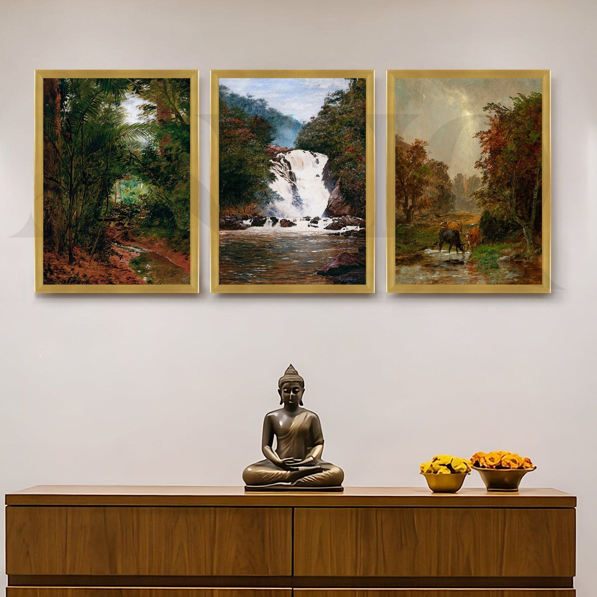 Serene Forest Waterfall Gallery Wall – Set of 3 Nature Landscape Artworks - 18 x 24 Inches – Asha Art Studio – Image 8