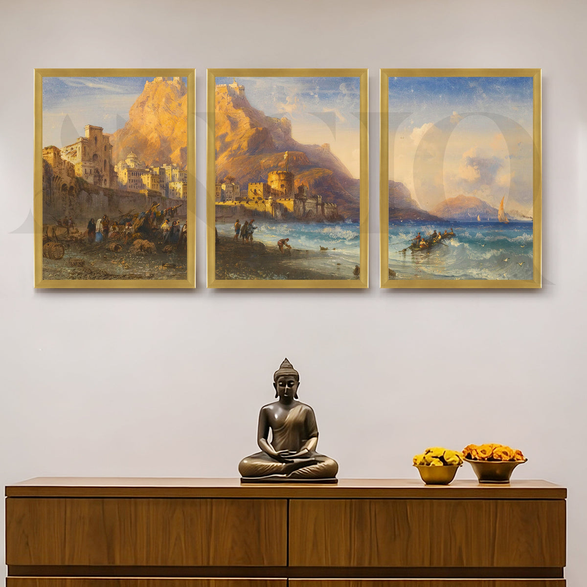 Coastal Mountain Harbour Gallery Wall – Set of 3 Mediterranean Landscape Artworks - 18 x 24 Inches – Asha Art Studio – Image…