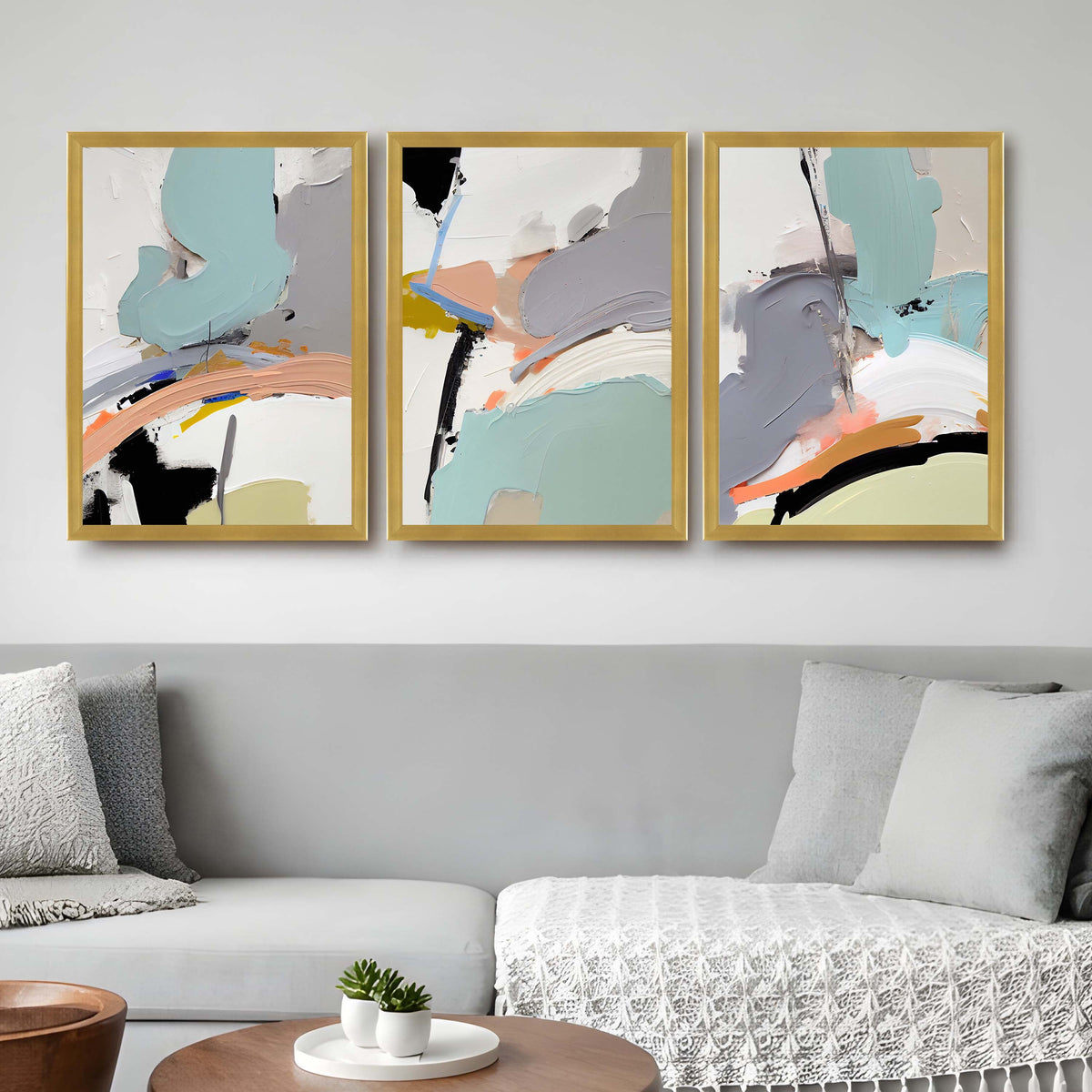 Soft Teal Abstract Gallery Wall Canvas Artwork Set of 3 - 18 x 24 Inches – Asha Art Studio – Image 4