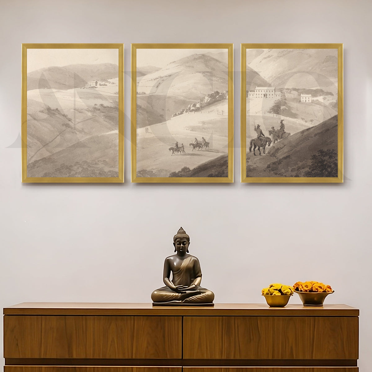 Timeless Countryside Sketch Gallery Wall – Set of 3 Monochrome Landscape Artworks - 18 x 24 Inches – Asha Art Studio – Image…