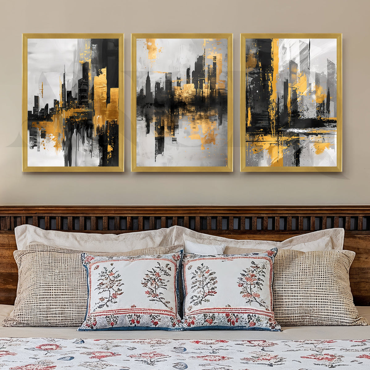 Golden Urban Skyline Gallery Wall – Set of 3 Modern Cityscape Artworks - 18 x 24 Inches – Asha Art Studio – Image 8
