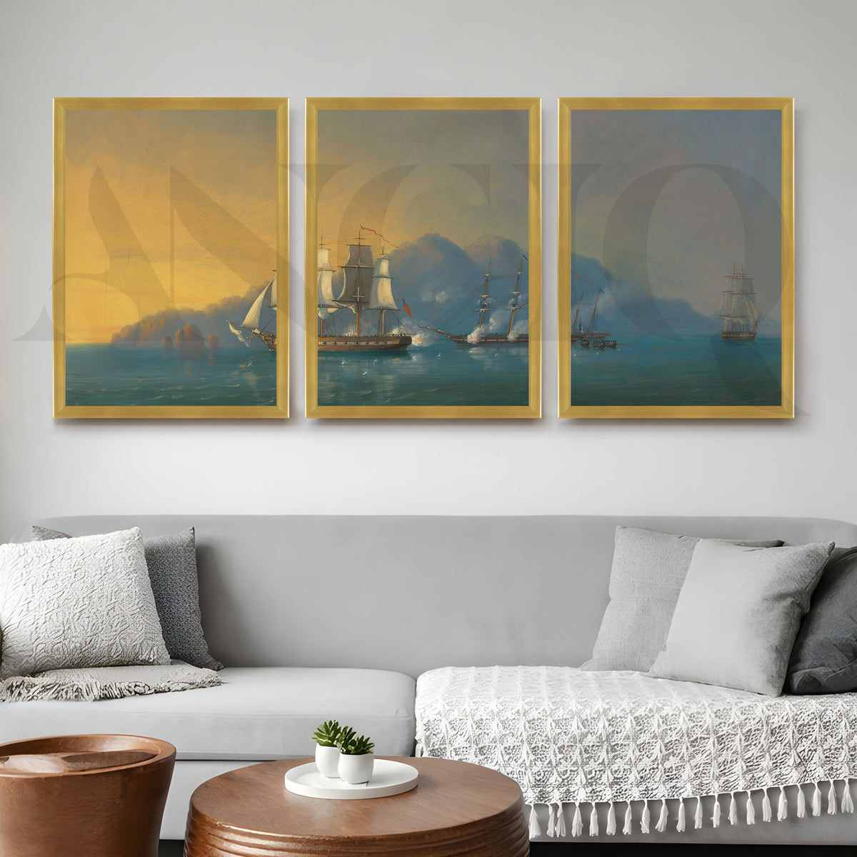 Golden Horizon Sailing Ships Gallery Wall – Set of 3 Classic Seascape Artworks - 18 x 24 Inches – Asha Art Studio – Image 8