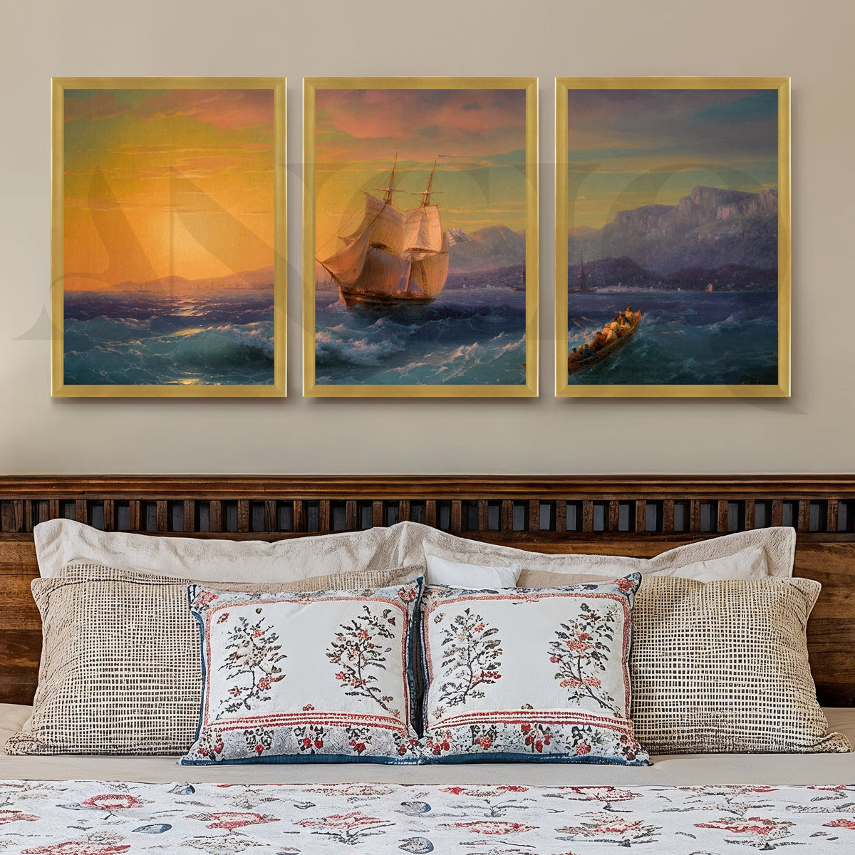 Golden Horizon Sailing Gallery Wall – Set of 3 Vintage Seascape Artworks - 18 x 24 Inches – Asha Art Studio – Image 8