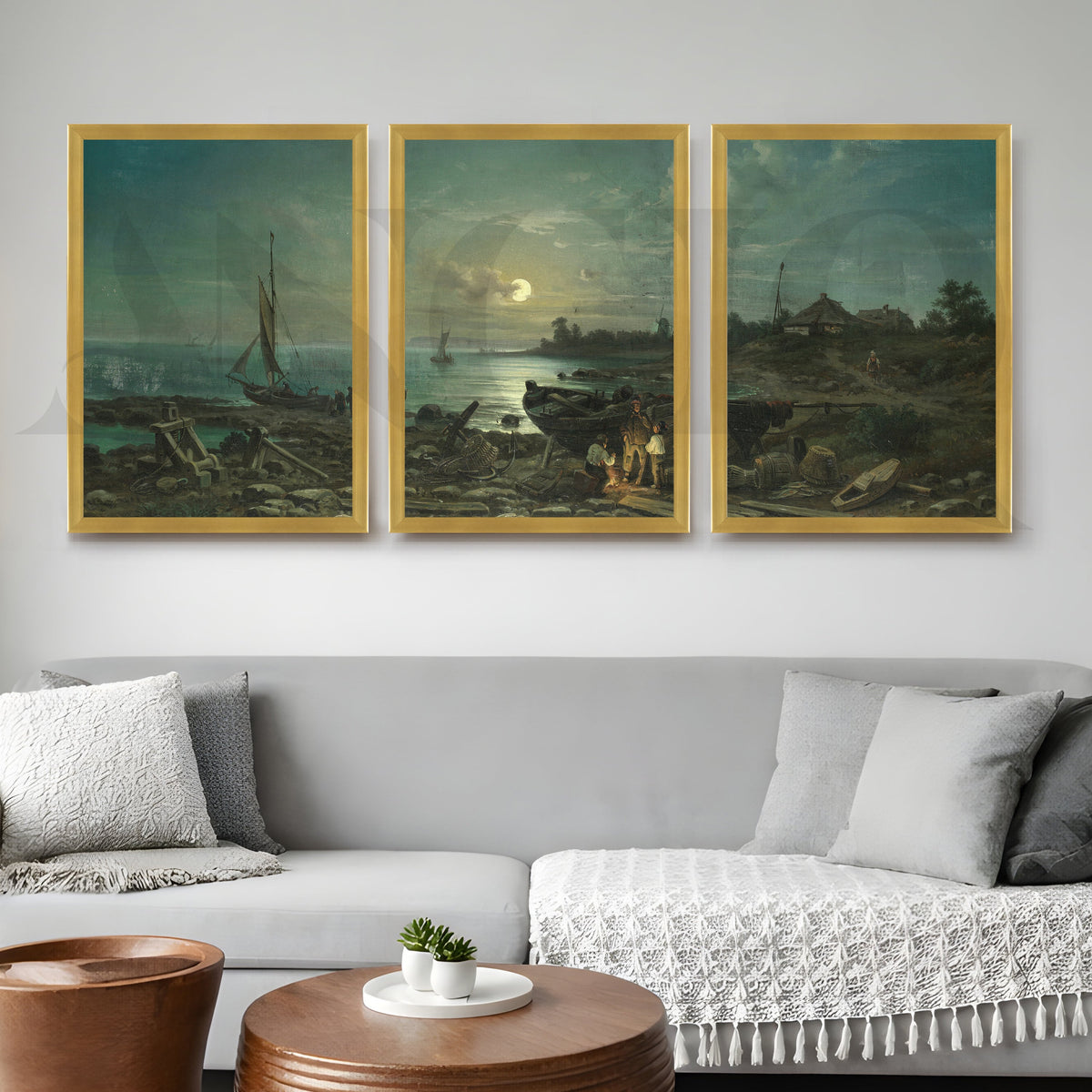 Moonlit Coastal Harbor Gallery Wall – Set of 3 Vintage Maritime Artworks - 18 x 24 Inches – Asha Art Studio – Image 8