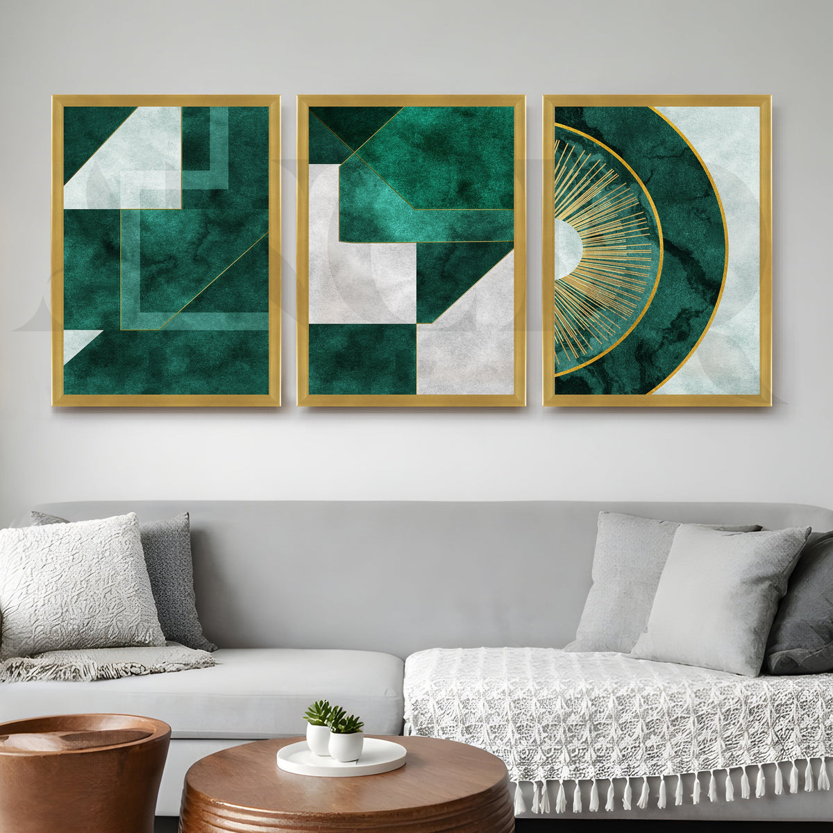 Emerald Luxe Geometry Gallery Wall – Set of 3 Modern Abstract Artworks - 18 x 24 Inches – Asha Art Studio – Image 8