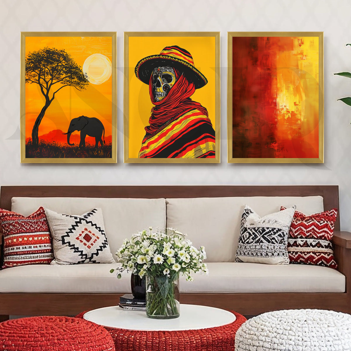 Golden Horizon Tribal Fusion Gallery Wall – Set of 3 Contemporary Artworks - 18 x 24 Inches – Asha Art Studio – Image 8