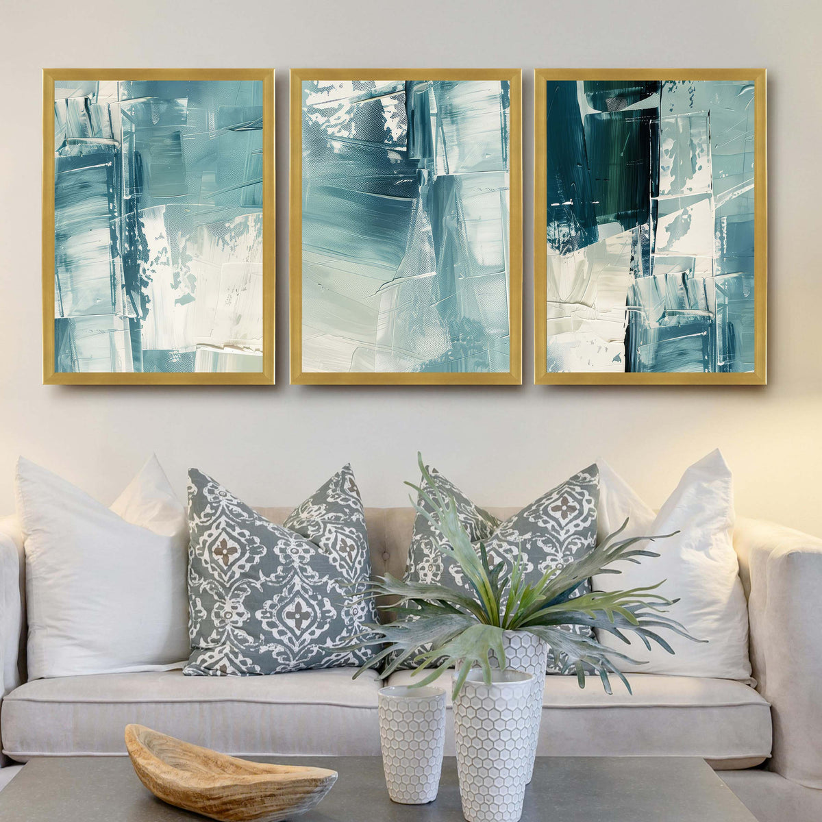 Teal Brush Abstract Gallery Wall Canvas Artwork Set of 3 - 18 x 24 Inches – Asha Art Studio – Image 4