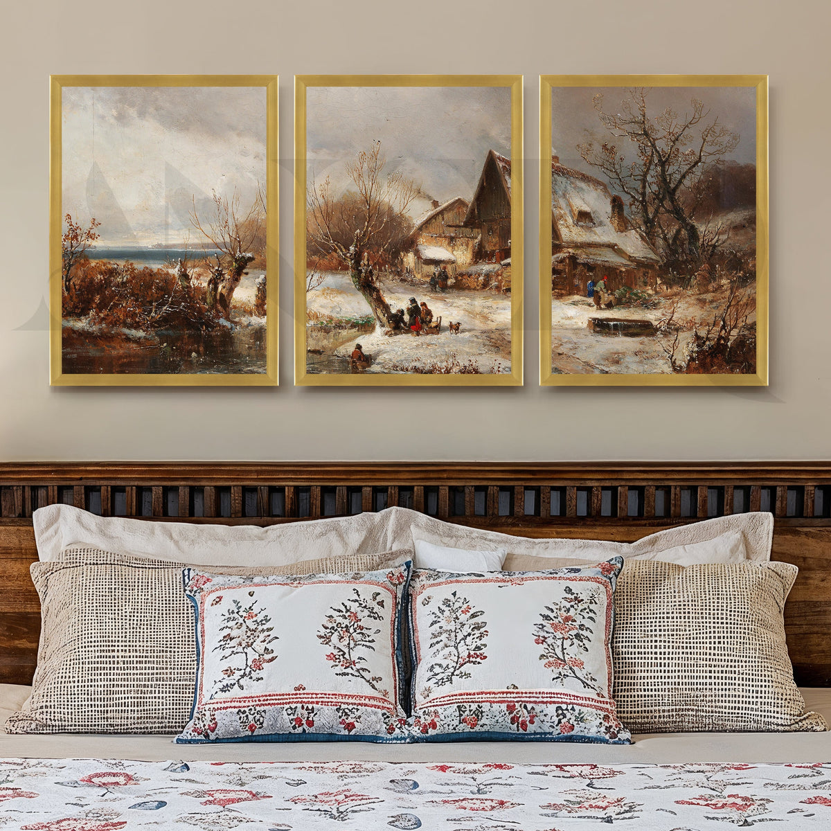Winter Village Countryside Gallery Wall – Set of 3 Vintage Landscape Artworks - 18 x 24 Inches – Asha Art Studio – Image 8