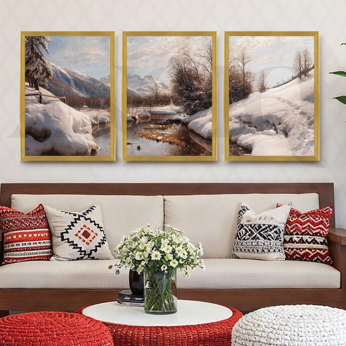 Snowy Alpine River Landscape Gallery Wall – Set of 3 Winter Nature Artworks - 18 x 24 Inches – Asha Art Studio – Image 8