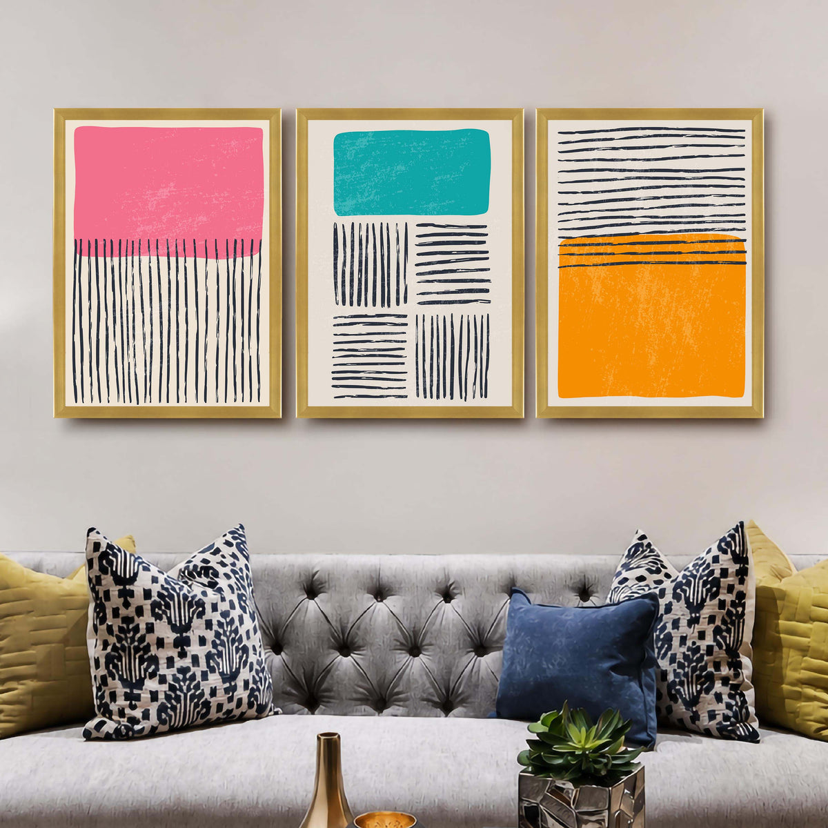 Colour Block Line Abstract Gallery Wall Set of 3 - 18 x 24 Inches – Asha Art Studio – Image 4