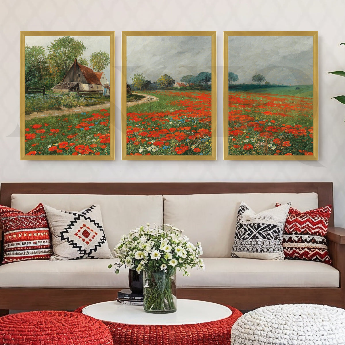 Rustic Poppy Field Landscape Gallery Wall – Set of 3 Impressionist Artworks - 18 x 24 Inches – Asha Art Studio – Image 8