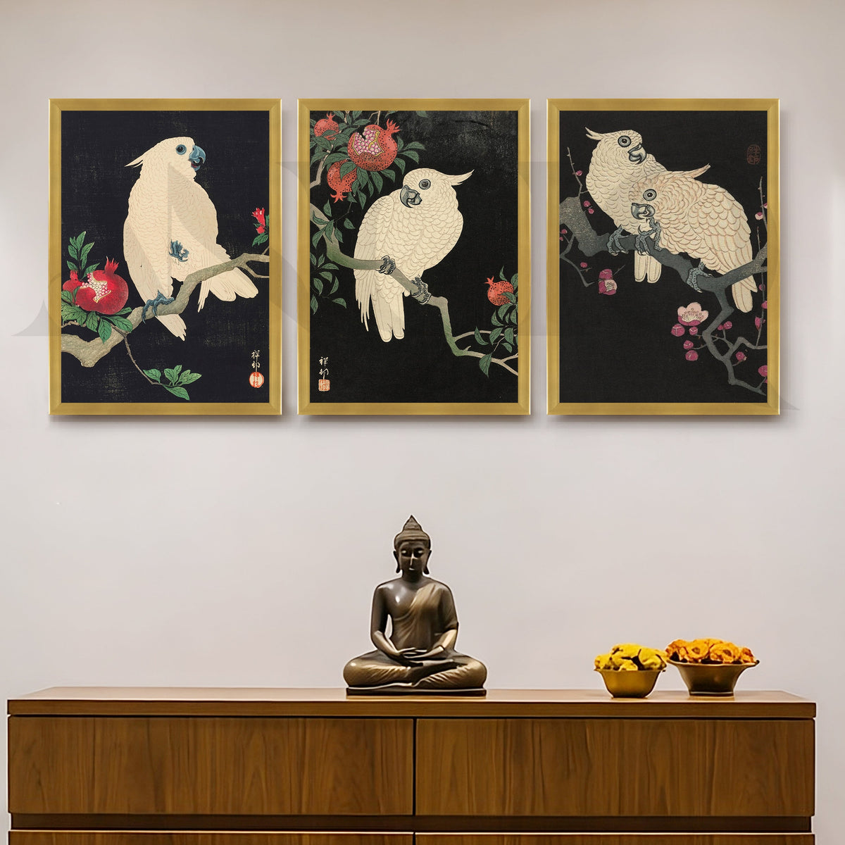 Elegant Cockatoo Botanical Gallery Wall – Set of 3 Oriental Artworks - 18 x 24 Inches – Asha Art Studio – Image 8