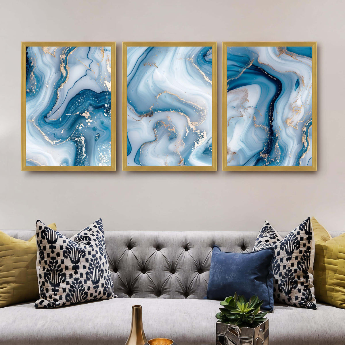 Blue Marble Abstract Gallery Wall Canvas Artwork Set of 3 - 18 x 24 Inches – Asha Art Studio – Image 4
