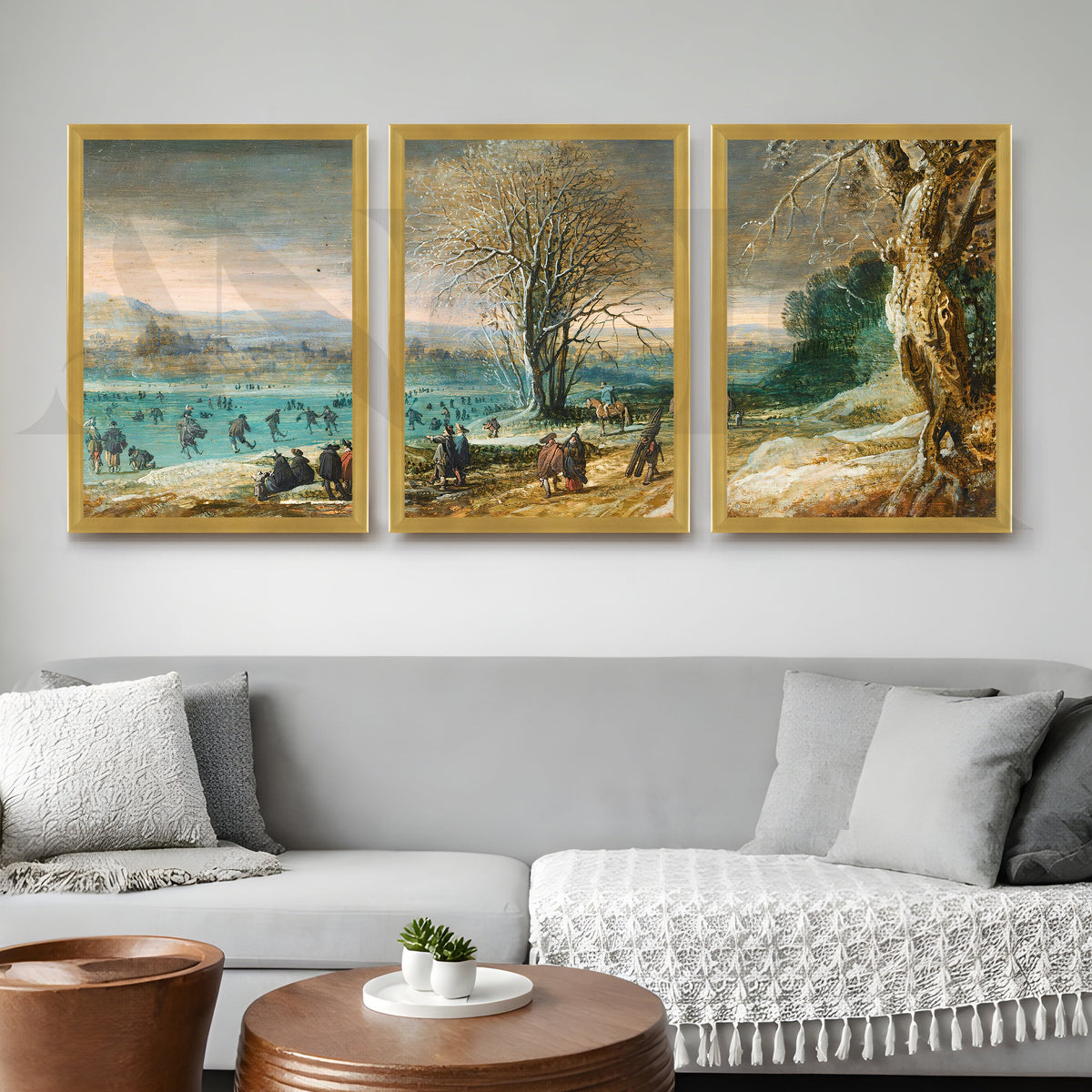 Winter Lakeside Life Gallery Wall – Set of 3 Classical European Landscape Artworks - 18 x 24 Inches – Asha Art Studio – Image…