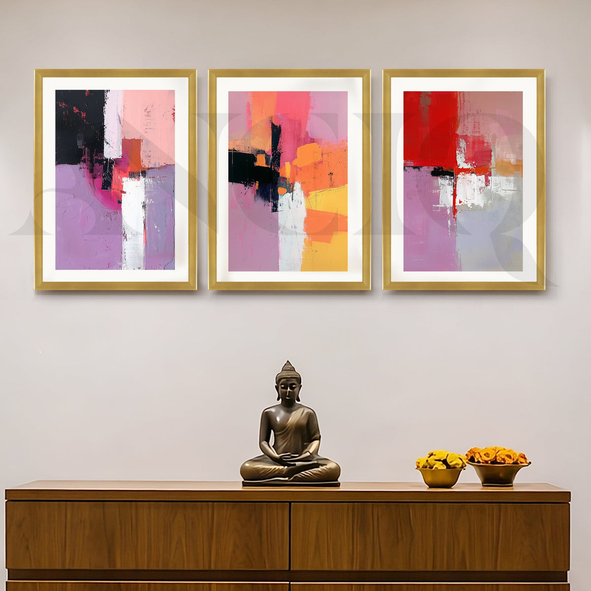 Blush & Crimson Abstract Gallery Wall – Set of 3 Contemporary Artworks - 18 x 24 Inches – Asha Art Studio – Image 4