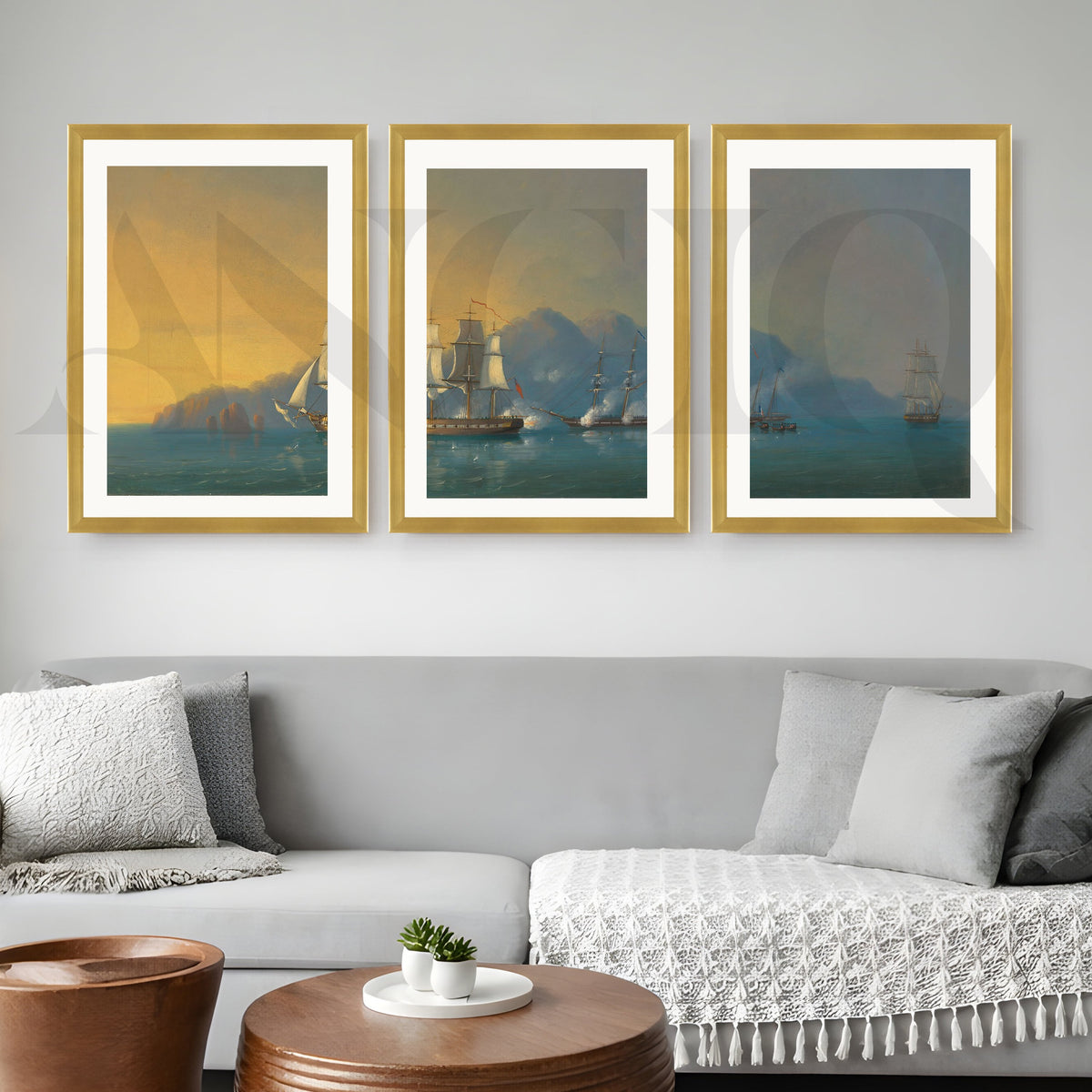 Golden Horizon Sailing Ships Gallery Wall – Set of 3 Classic Seascape Artworks - 18 x 24 Inches – Asha Art Studio – Image 4