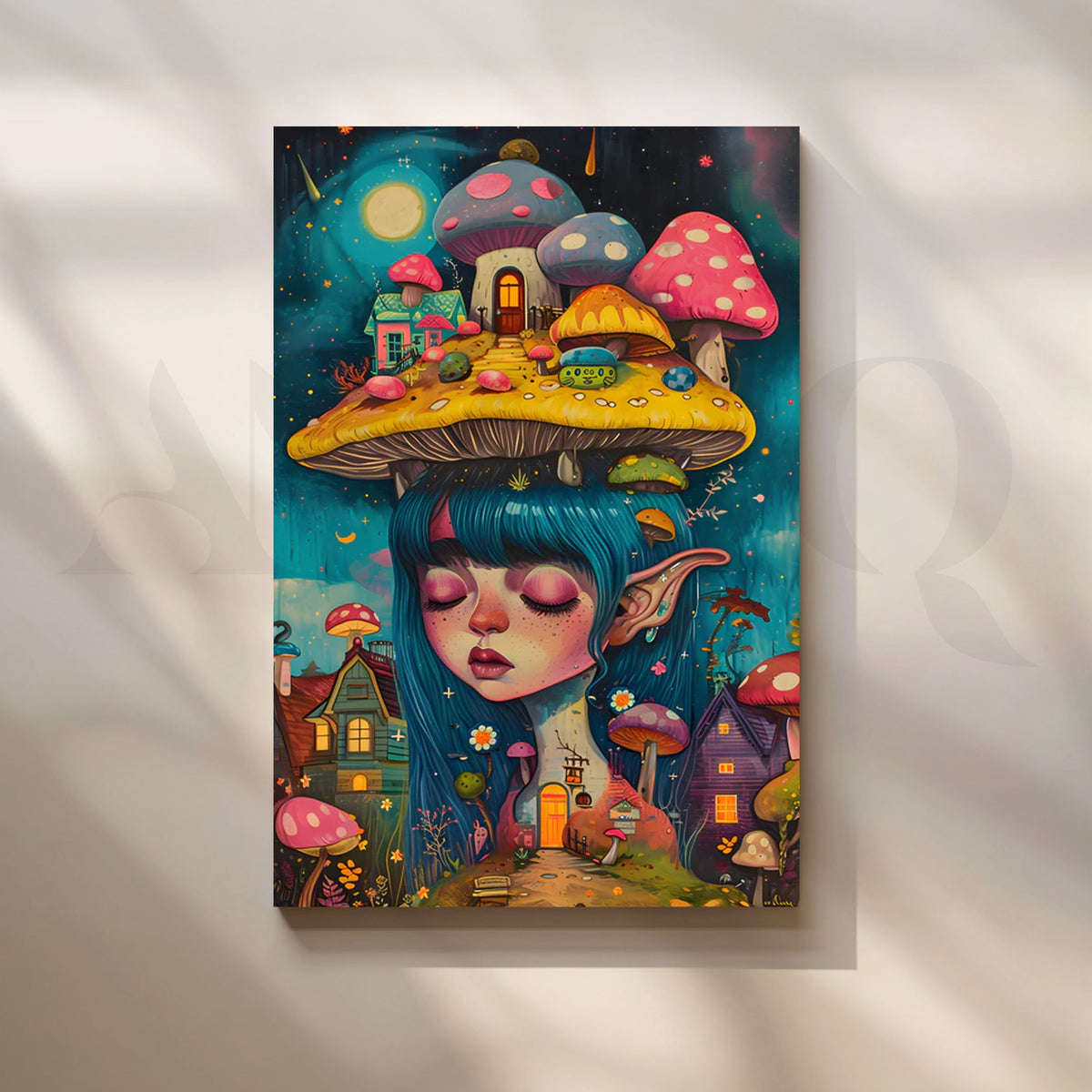 Mushroom Village Dreamer Canvas Painting for Bedroom/Creative Studio – Asha Art Studio
