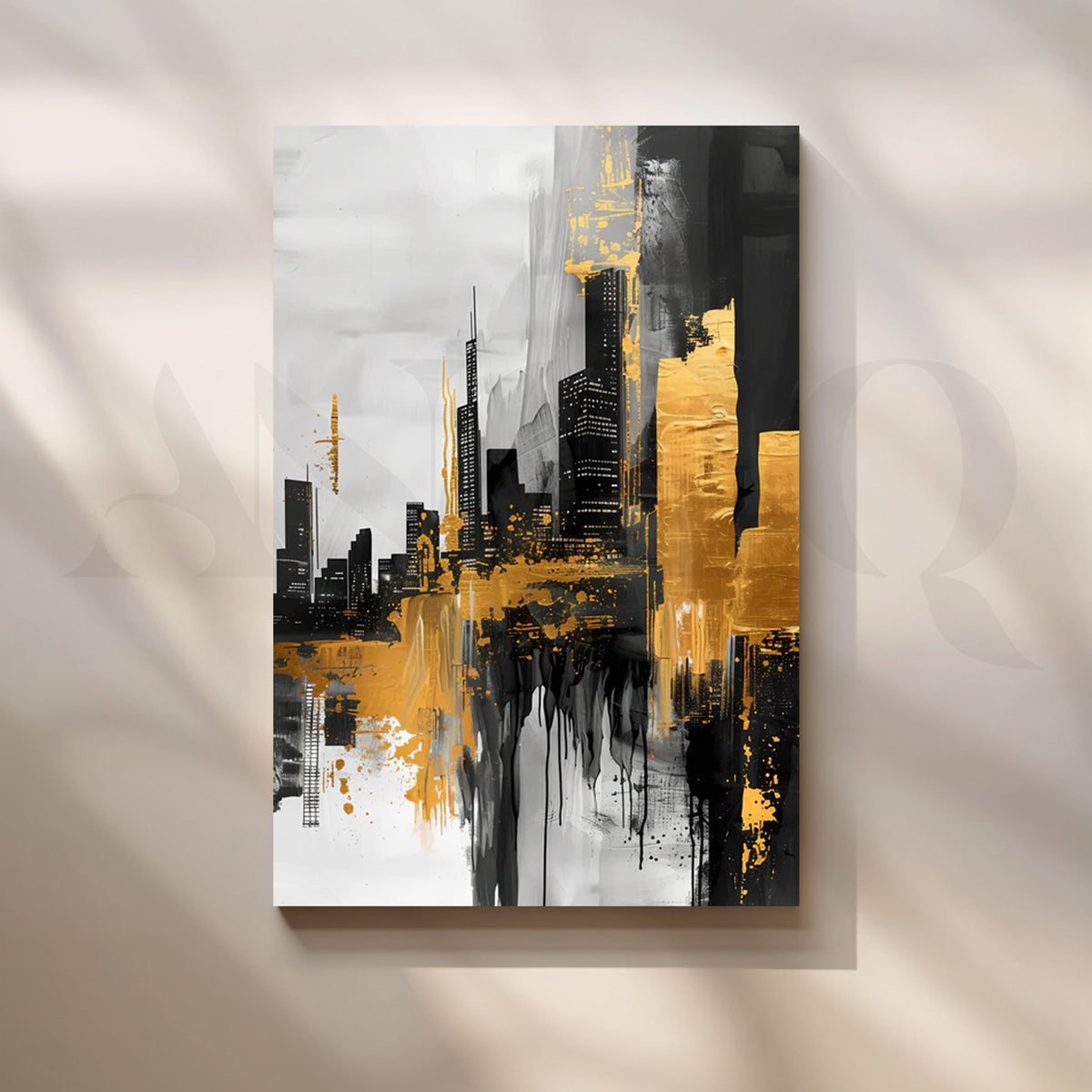 Golden Metropolis Canvas Painting for Entryway – Asha Art Studio