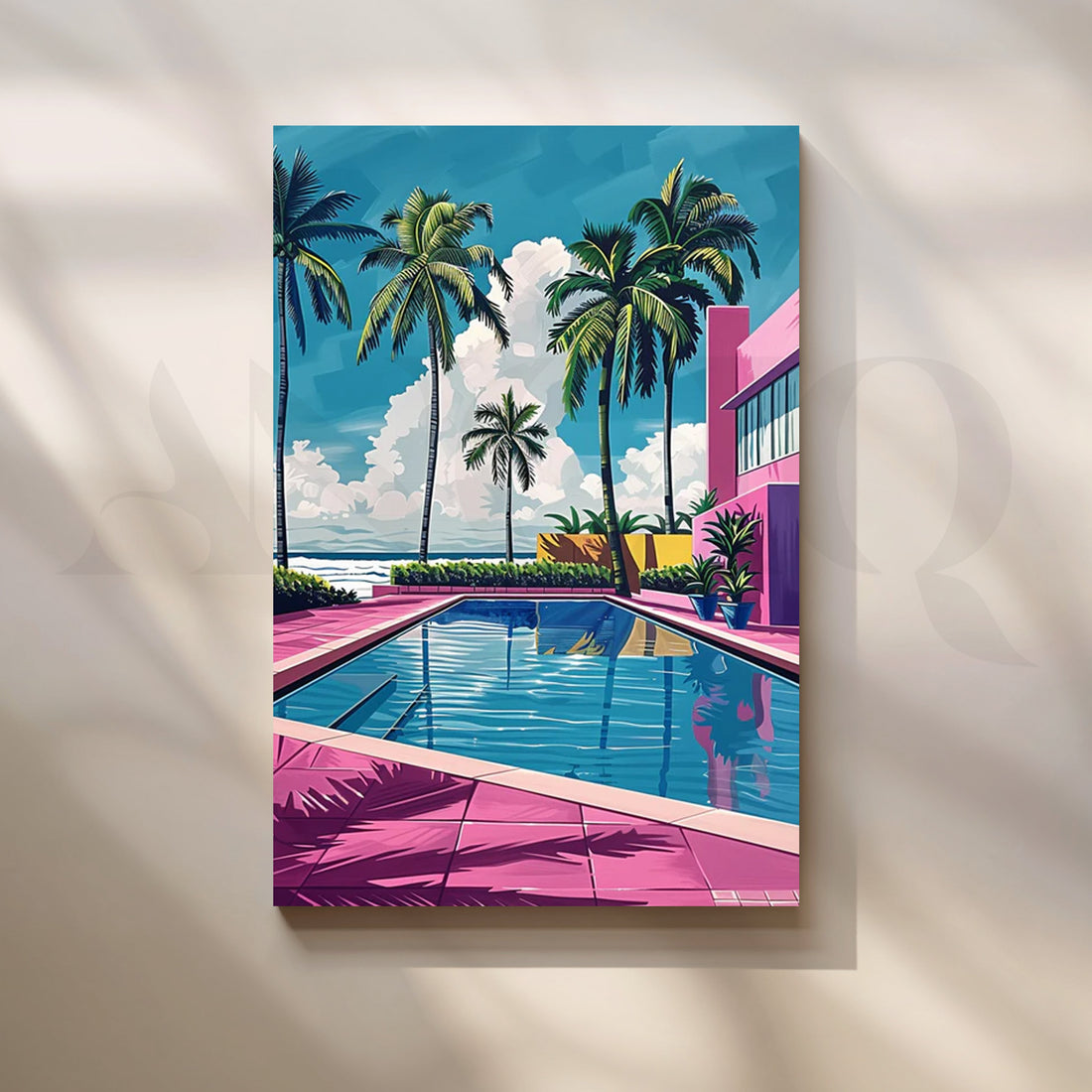 Miami Pool Club Neon Pop-Art Canvas – Tropical Palm Courtyard by the Sea – Asha Art Studio