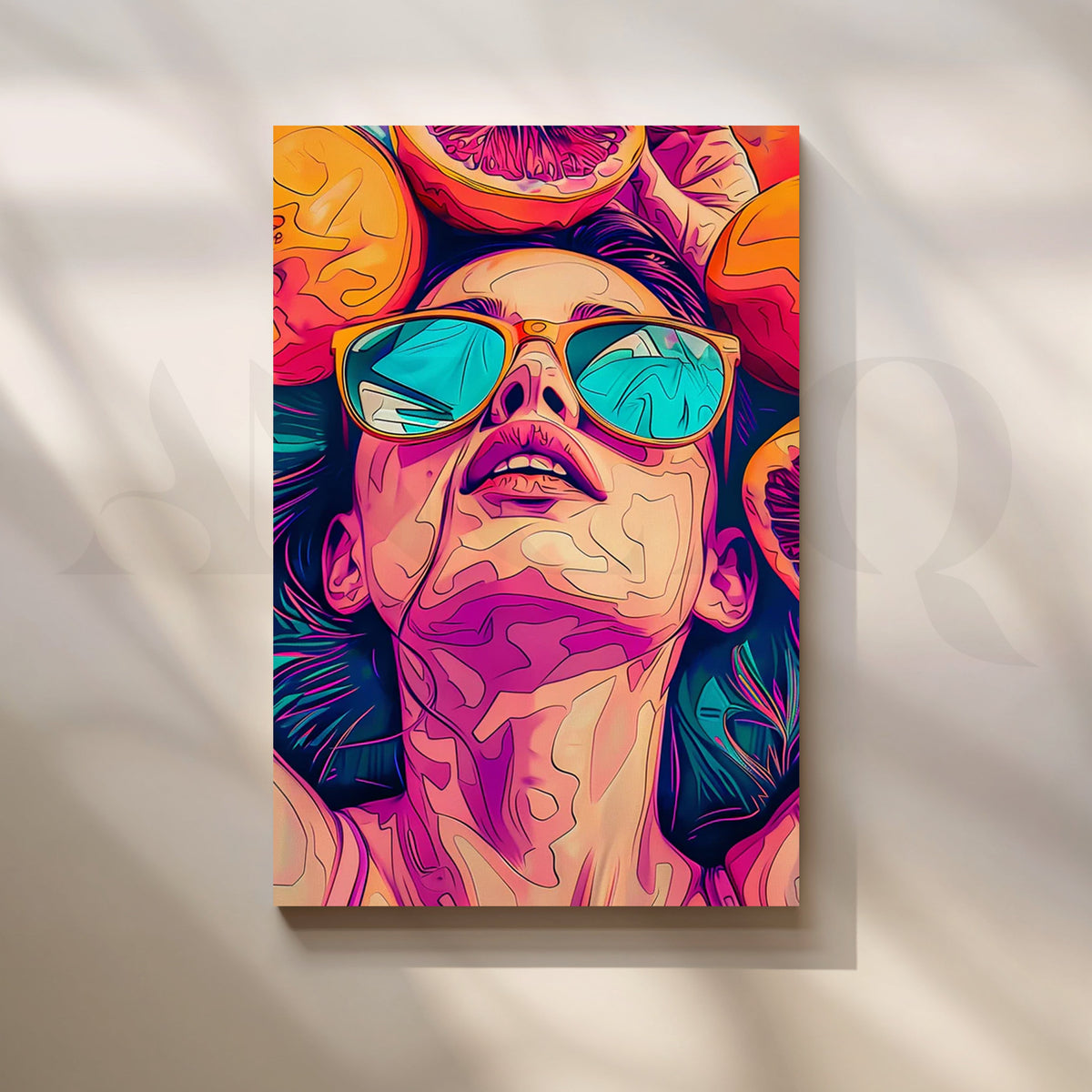 Citrus Daydream Neon Pop-Art Canvas – Sun-Drenched Portrait with Sunglasses & Oranges – Asha Art Studio