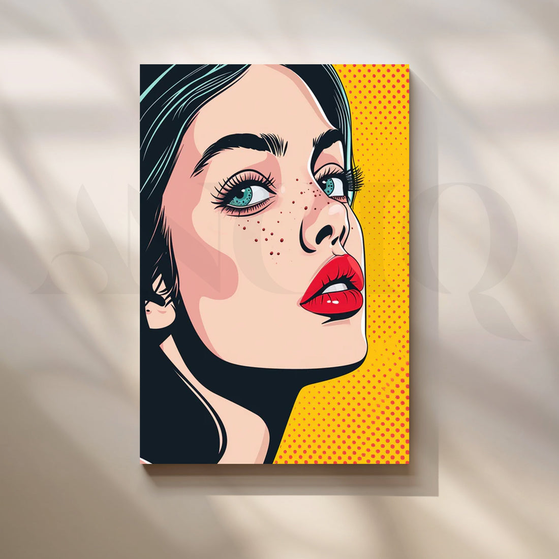 Pop Muse Pop-Art Canvas – Freckled Beauty with Red Lips on Yellow Halftone – Asha Art Studio