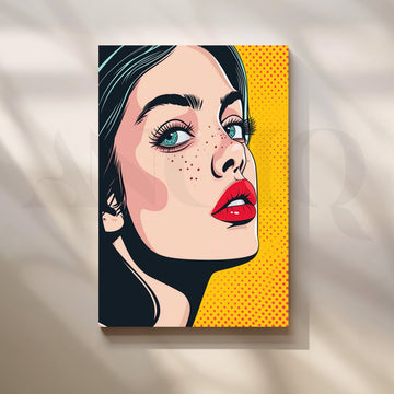 Pop Muse Pop-Art Canvas – Freckled Beauty with Red Lips on Yellow Halftone – Asha Art Studio