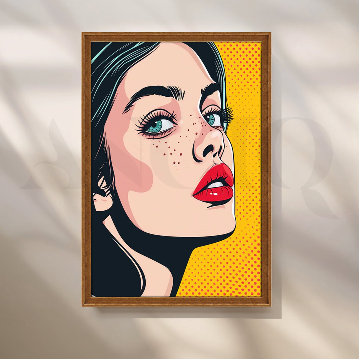 Pop Muse Pop-Art Canvas – Freckled Beauty with Red Lips on Yellow Halftone – Asha Art Studio – Image 6
