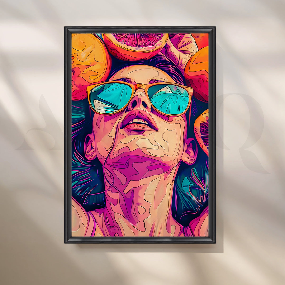 Citrus Daydream Neon Pop-Art Canvas – Sun-Drenched Portrait with Sunglasses & Oranges – Asha Art Studio – Image 3