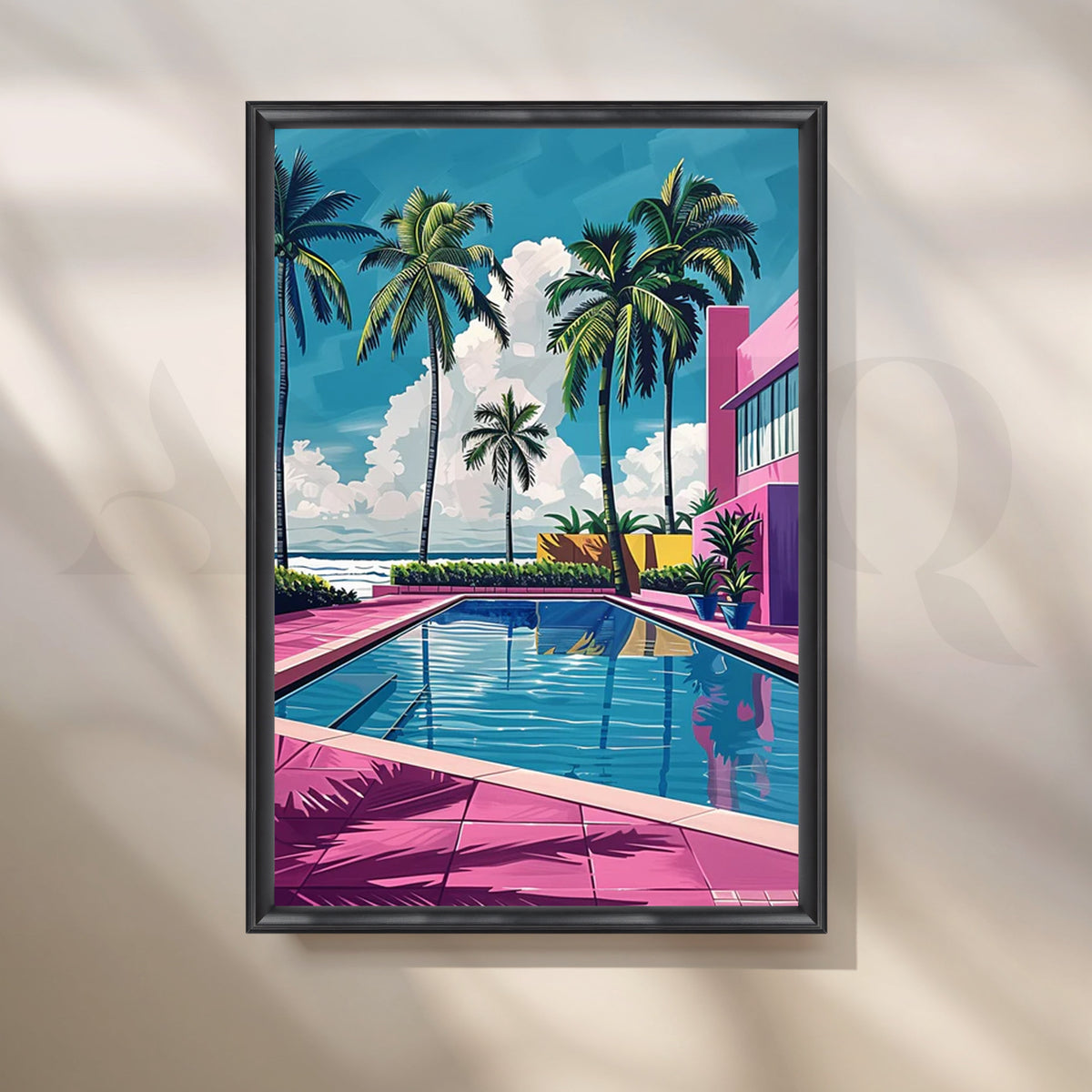 Miami Pool Club Neon Pop-Art Canvas – Tropical Palm Courtyard by the Sea – Asha Art Studio – Image 3