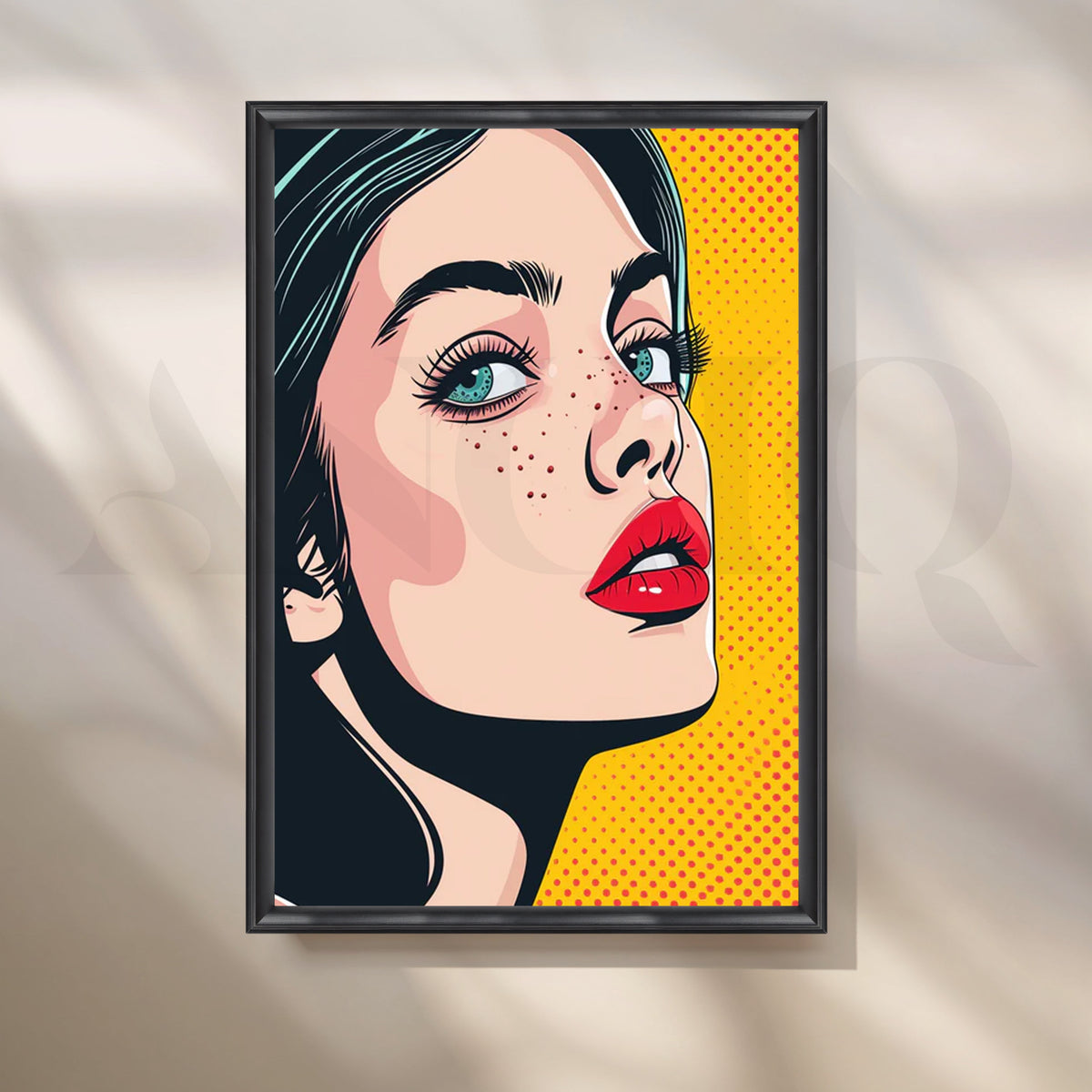 Pop Muse Pop-Art Canvas – Freckled Beauty with Red Lips on Yellow Halftone – Asha Art Studio – Image 3