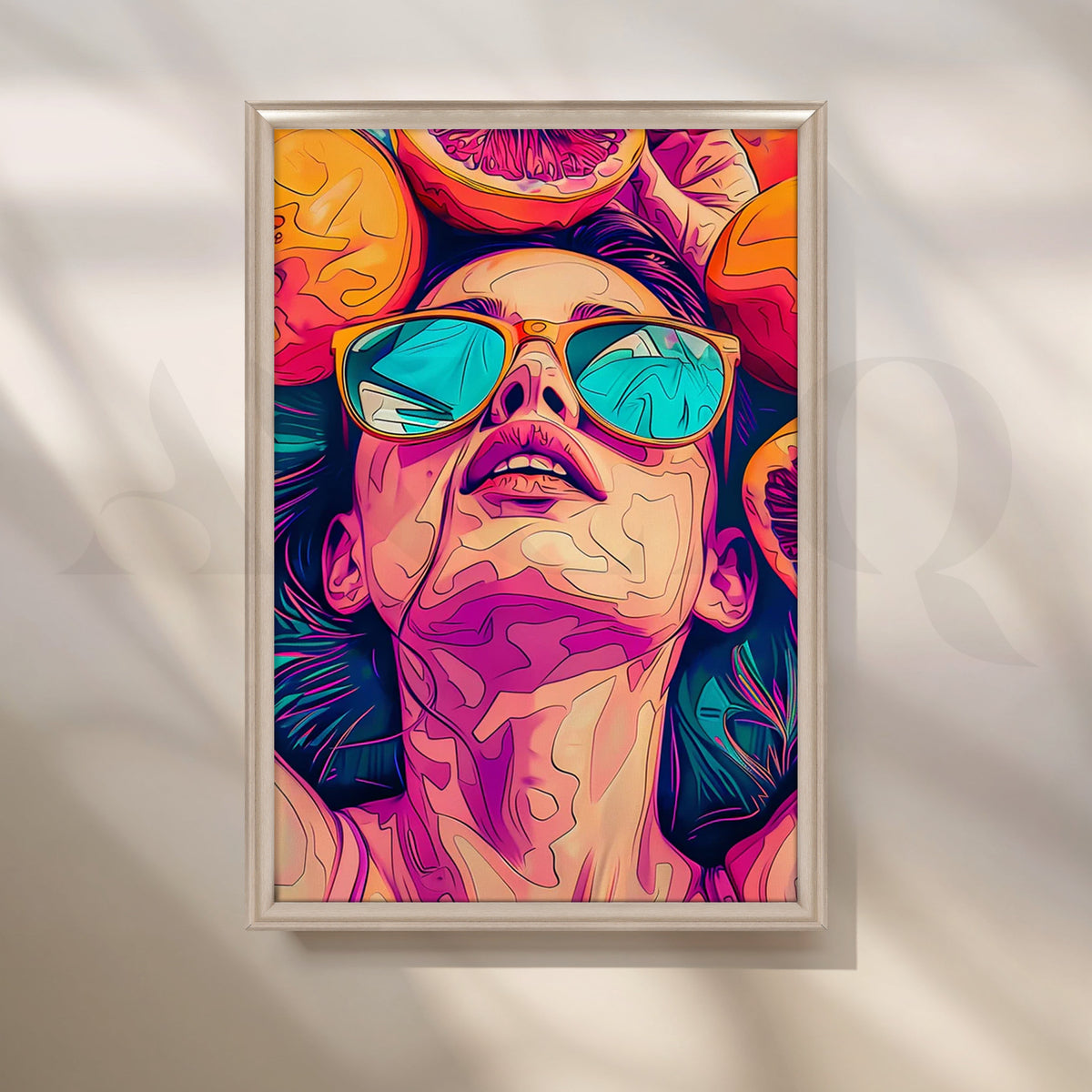 Citrus Daydream Neon Pop-Art Canvas – Sun-Drenched Portrait with Sunglasses & Oranges – Asha Art Studio – Image 4