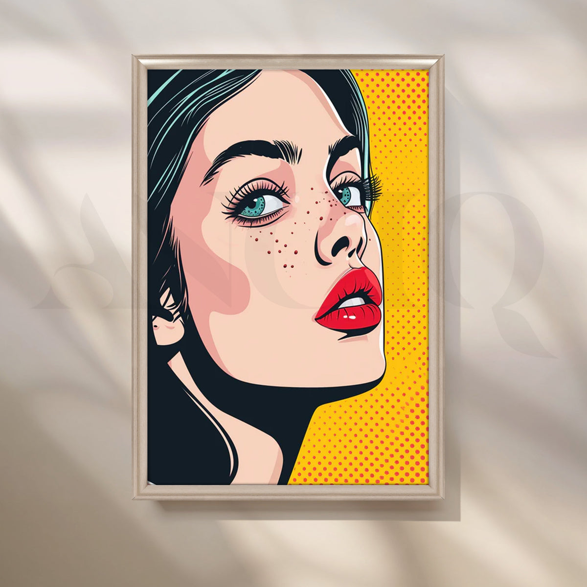 Pop Muse Pop-Art Canvas – Freckled Beauty with Red Lips on Yellow Halftone – Asha Art Studio – Image 4