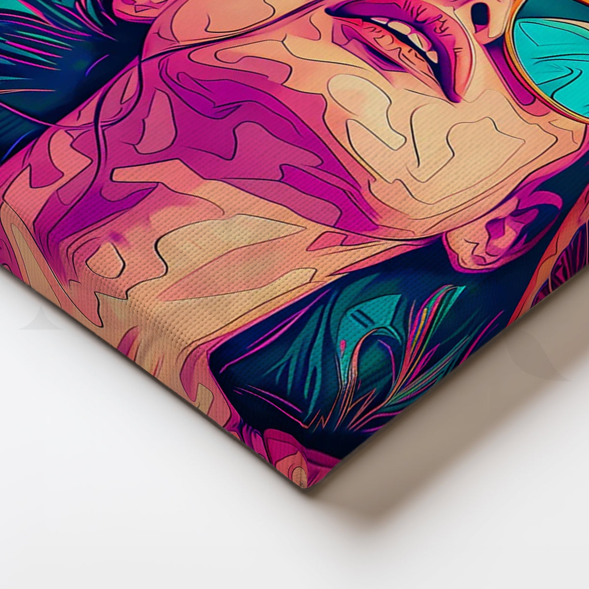 Citrus Daydream Neon Pop-Art Canvas – Sun-Drenched Portrait with Sunglasses & Oranges – Asha Art Studio – Image 2