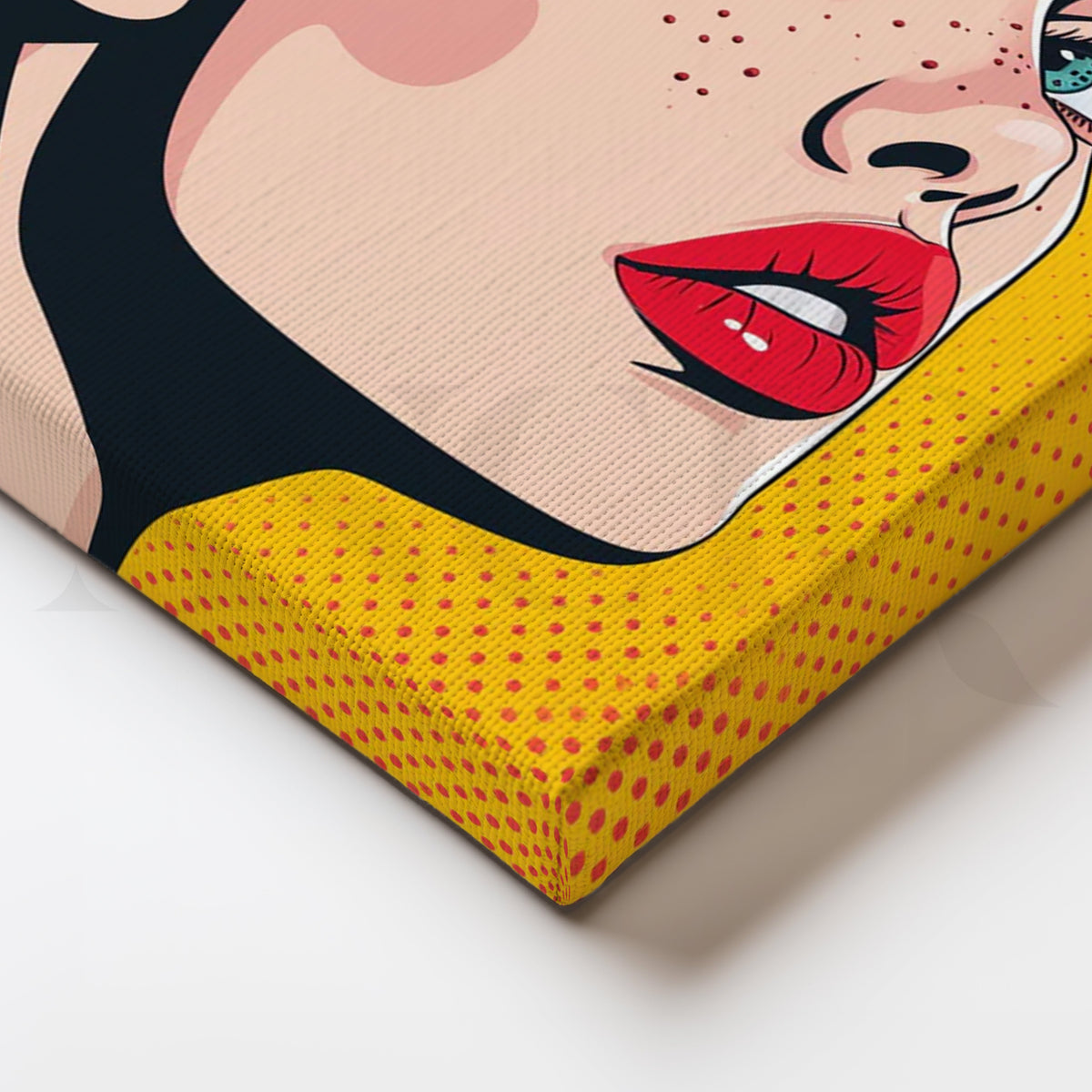 Pop Muse Pop-Art Canvas – Freckled Beauty with Red Lips on Yellow Halftone – Asha Art Studio – Image 2