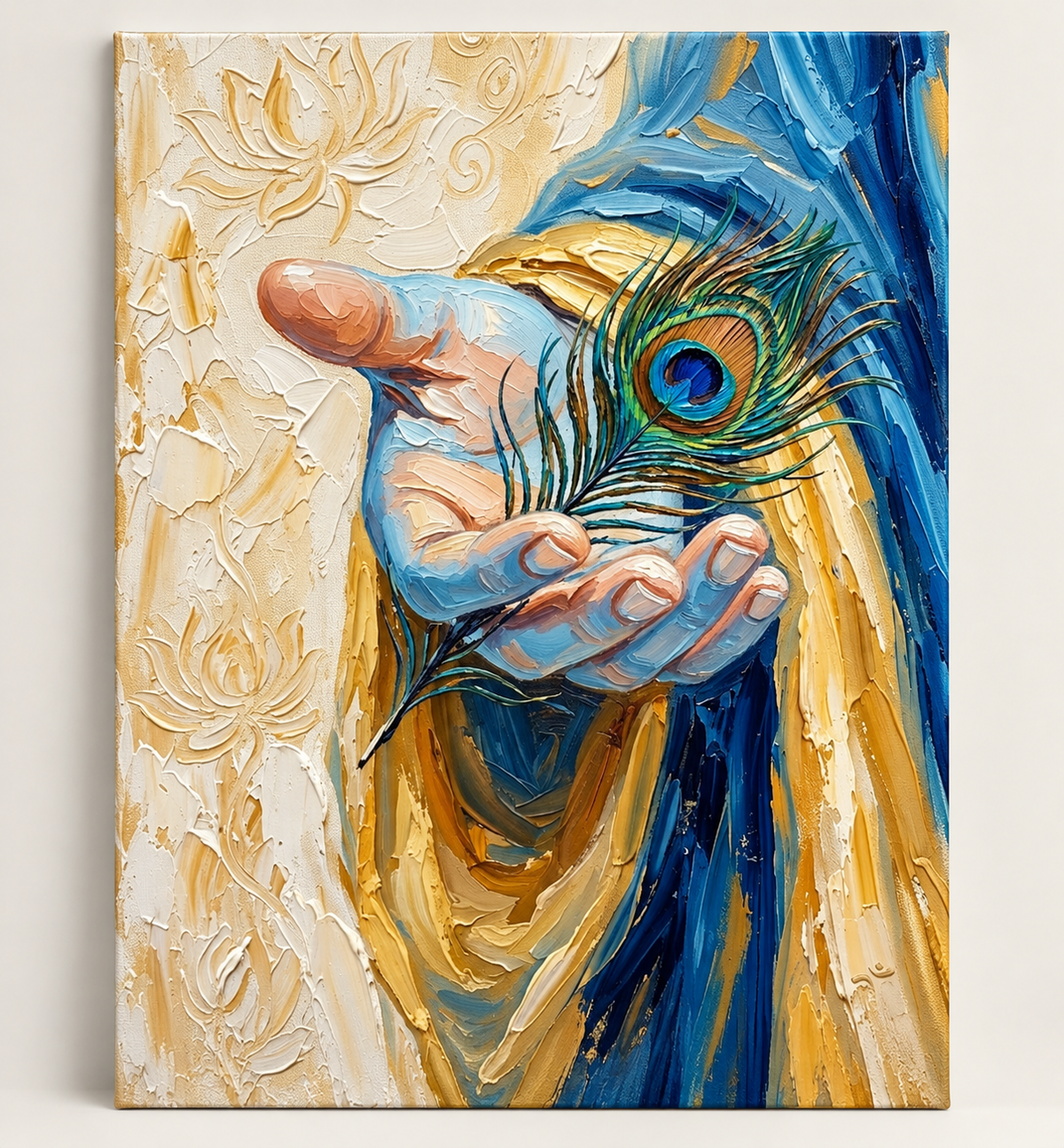 Krishna's Hand with Peacock Feather – Textured Painting