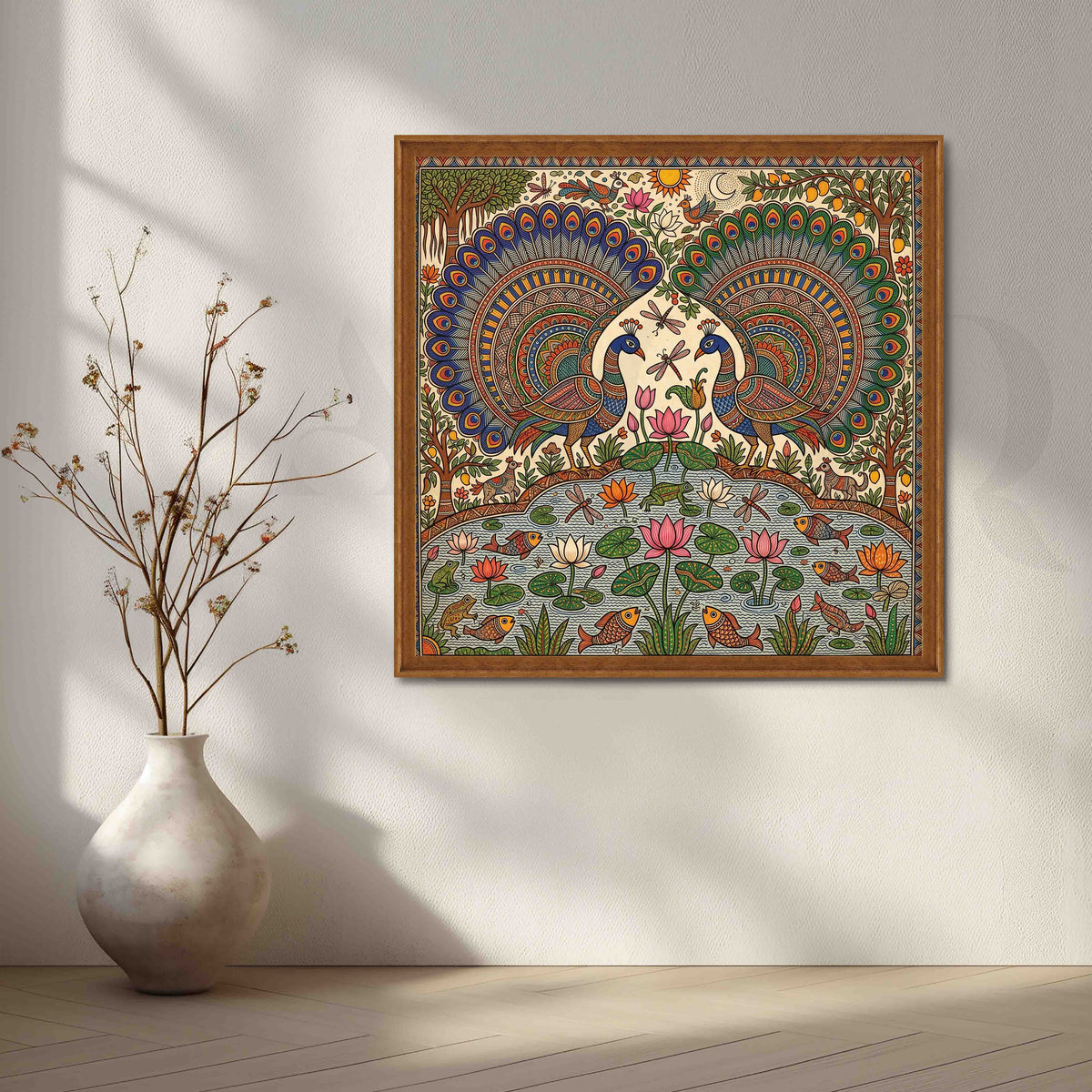 Peacock Lotus Pond Madhubani Canvas Artwork – Asha Art Studio – Image 6