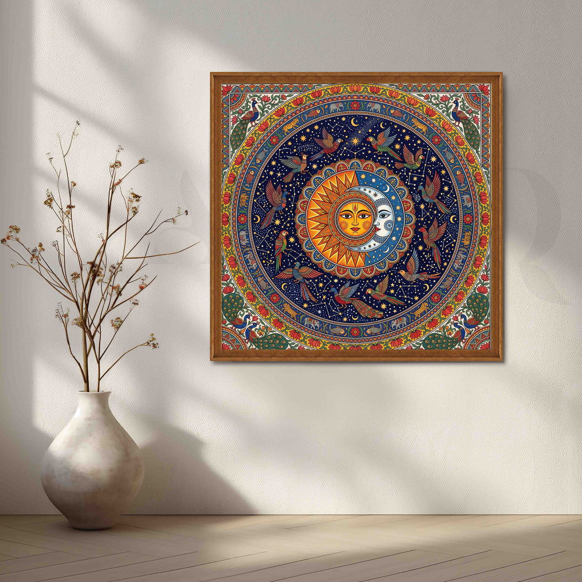 Sun and Moon Madhubani Mandala Canvas Artwork – Asha Art Studio – Image 6