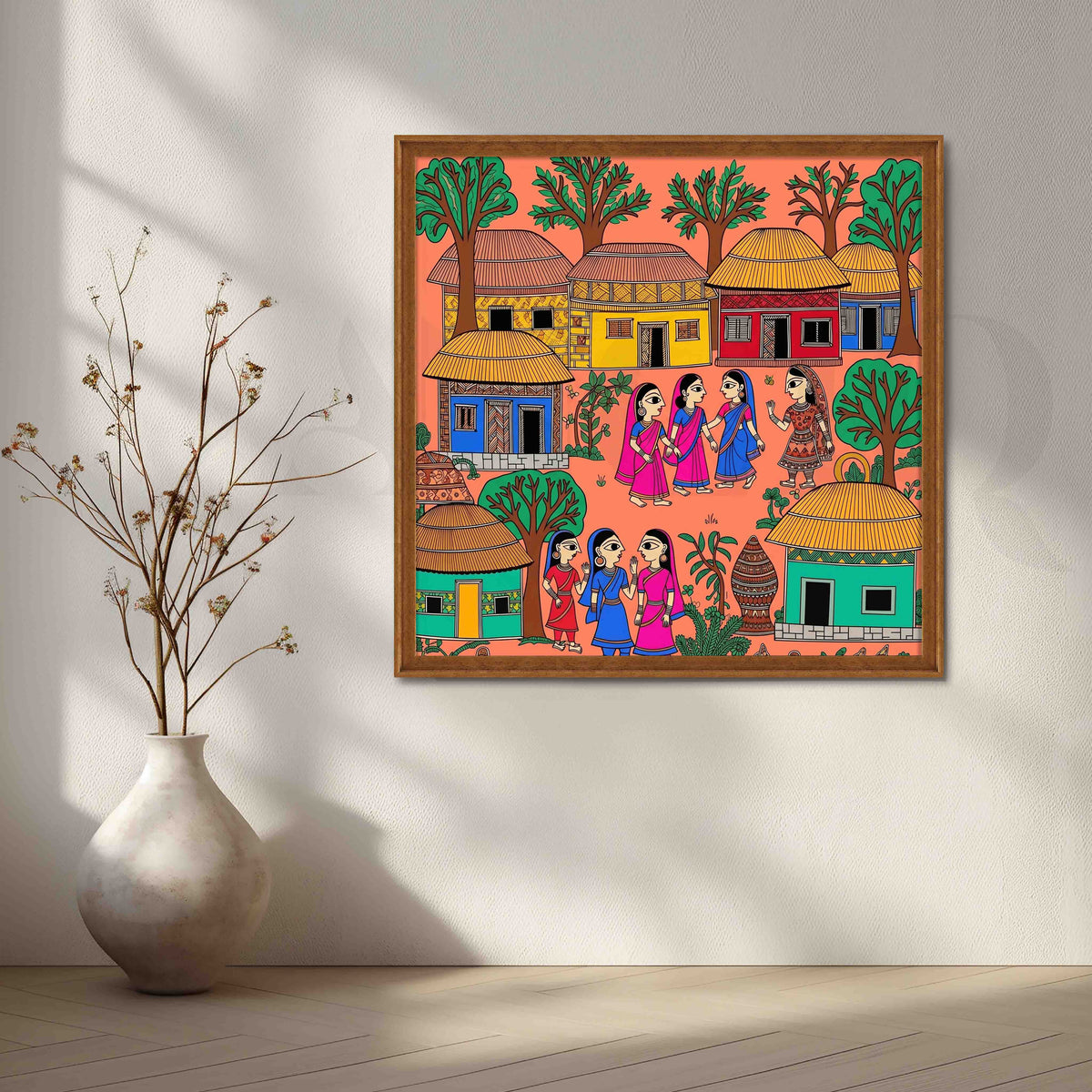 Traditional Madhubani Village Life Canvas Artwork – Asha Art Studio – Image 6